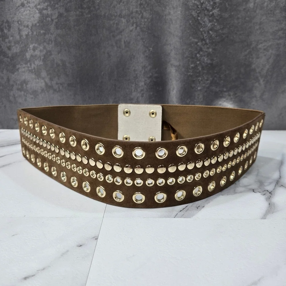 Brown Suede Grommet Studded Elastic Waist Belt Gold Hardware Wide Cinch Stretch